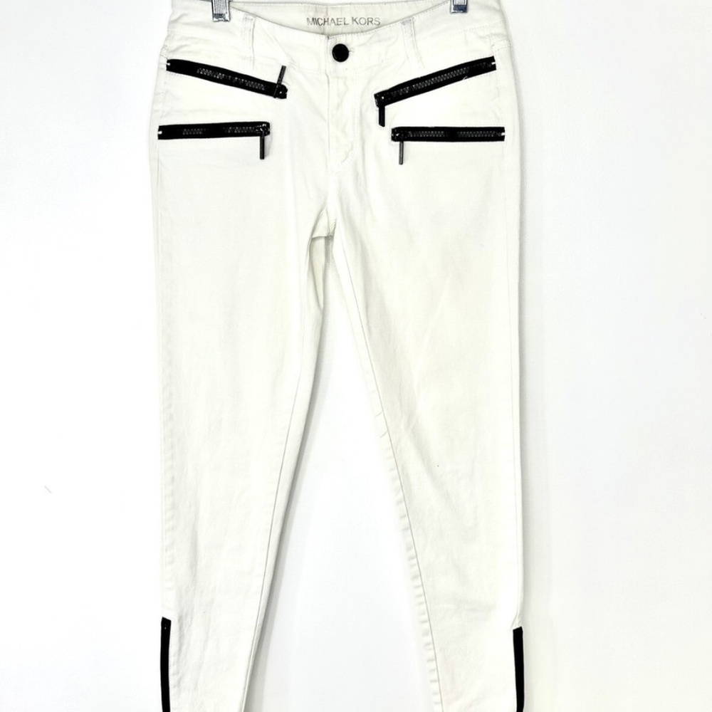MICHAEL KORS Stretch White Skinny Jegging Jeans Pants Black Zippers SIZE 4